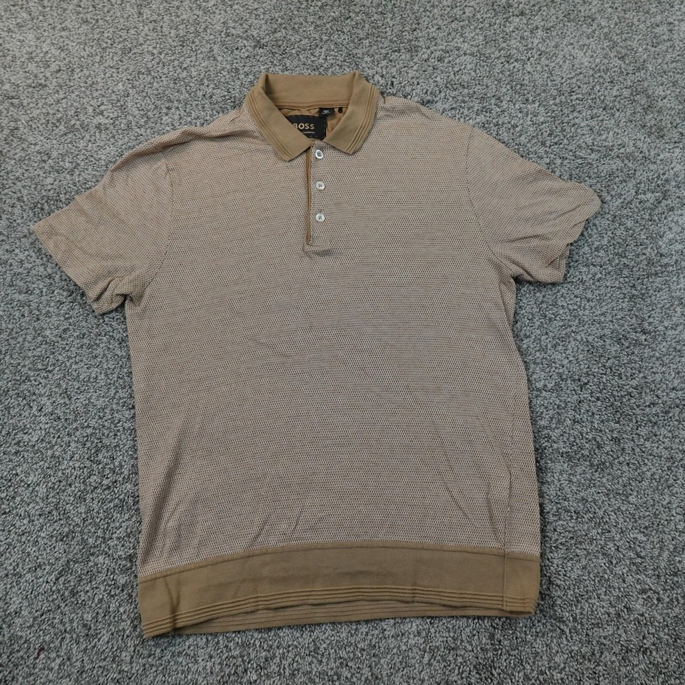 Hugo Boss Polo Shirt Mens S Beige Houndstooth Cotton Cashmere Knit Sweater Soft